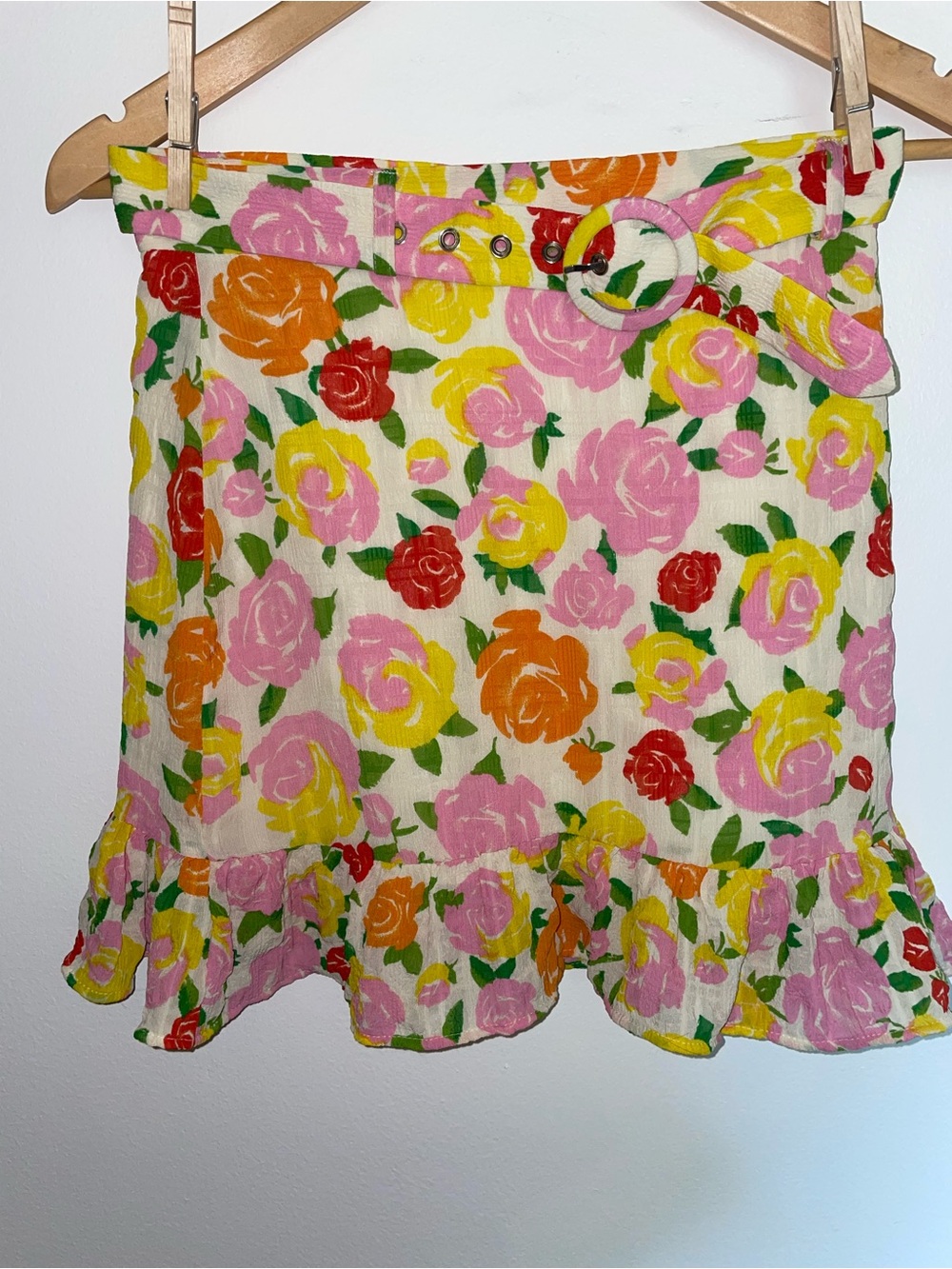 Mango Floral Belted Ruffle Mini Skirt - Pink Yellow Red Green